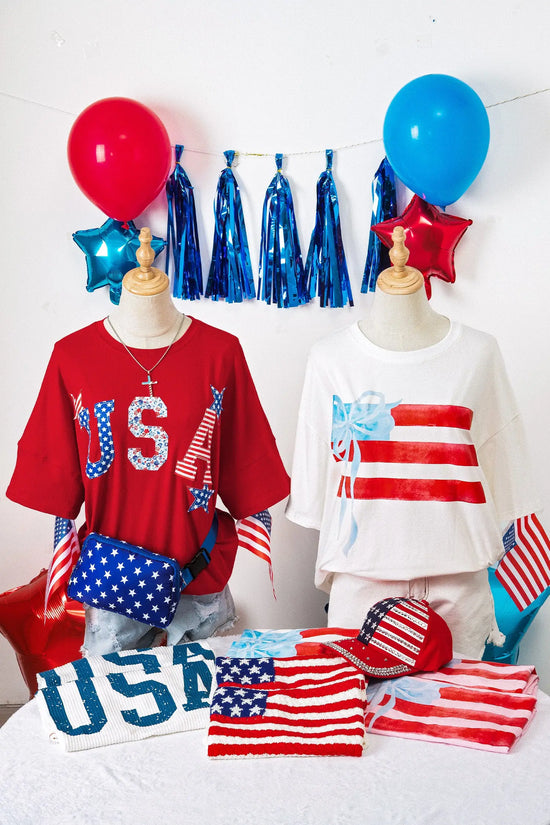 Fiery red USA slogan embroidery T-shirt — flat lay styled shot | Fashionfitz UK