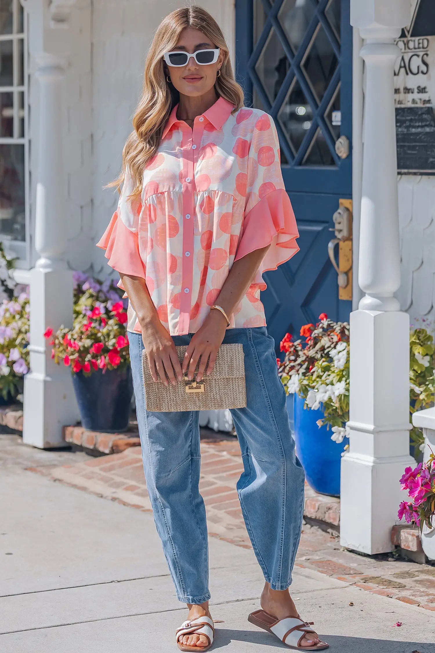 Polka dot ruffle sleeve babydoll shirt button front collar pink shirts