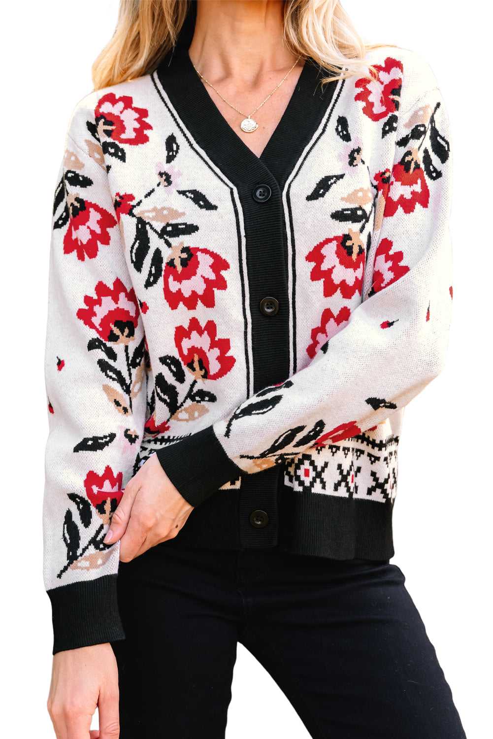 Floral Button-Up Knit Cardigan