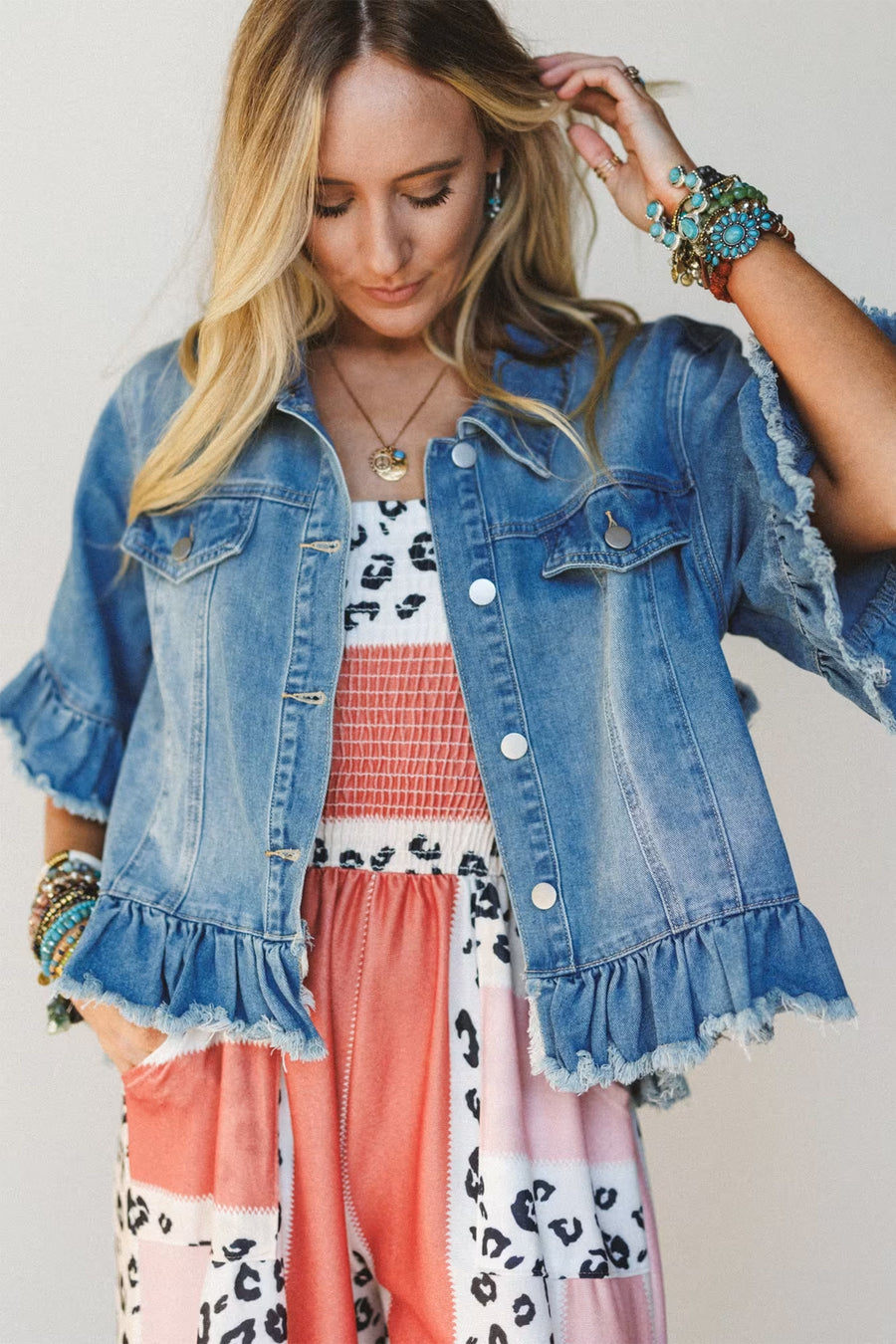 Blue denim jacket full length styling — Fashionfitz UK