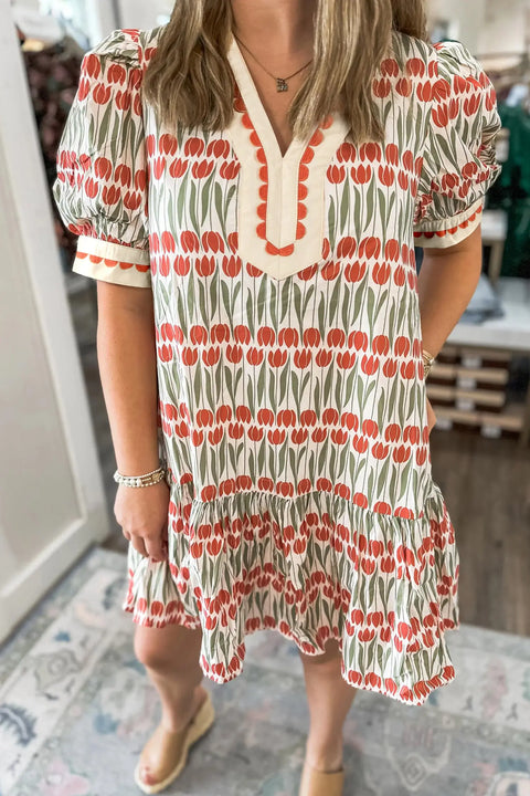 White Tulip Floral Cotton Short Puff Sleeve Mini Dress Women UK — front view