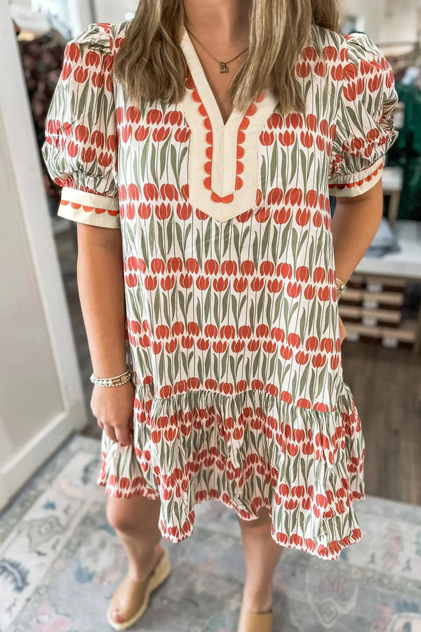 White Tulip Floral Cotton Short Puff Sleeve Mini Dress Women UK — front view