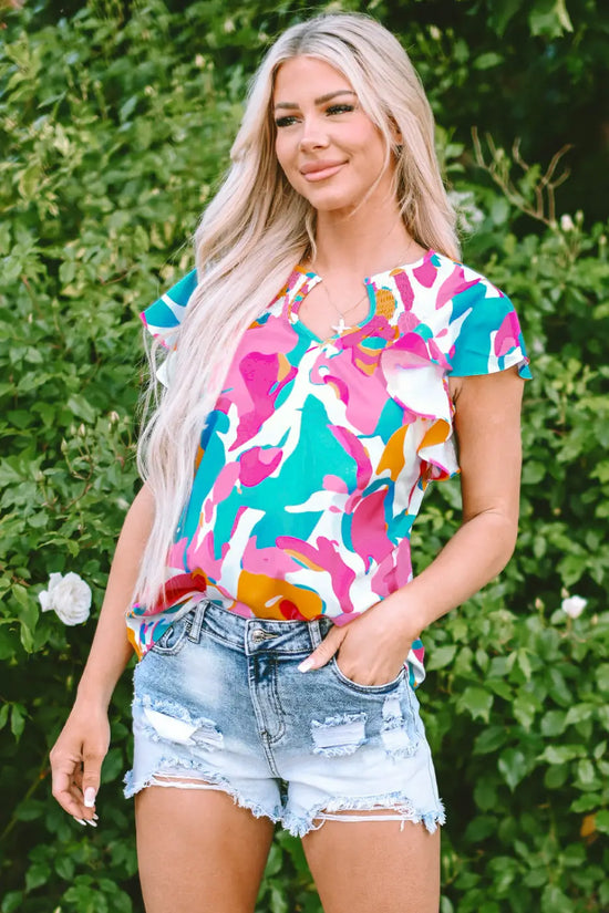 Multi colour flutter sleeve blouse - abstract print notched neck