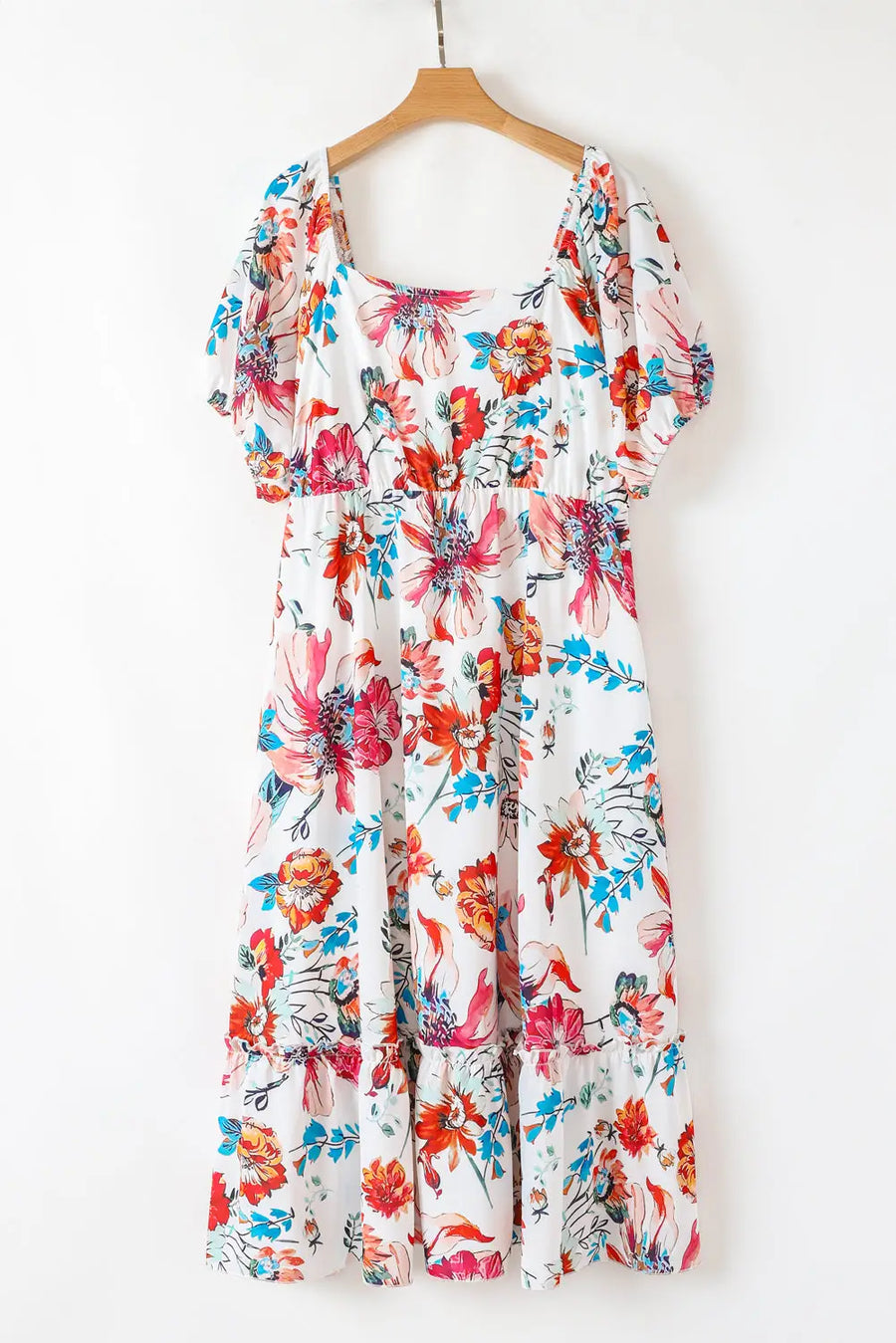 White Floral Puff Sleeve Plus Size Midi Dress Women UK