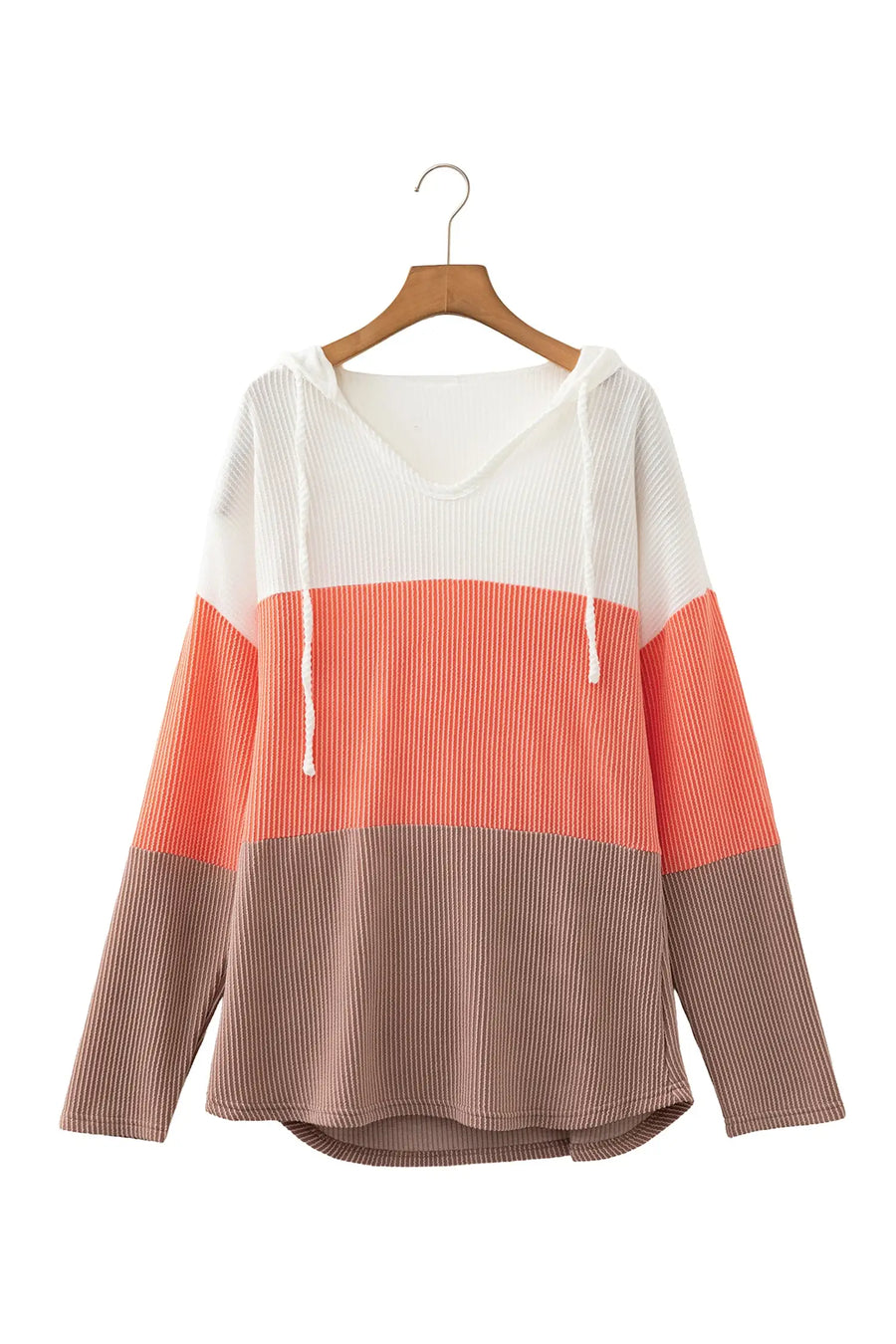 Flame Ribbed Colorblock Hooded Pullover Top