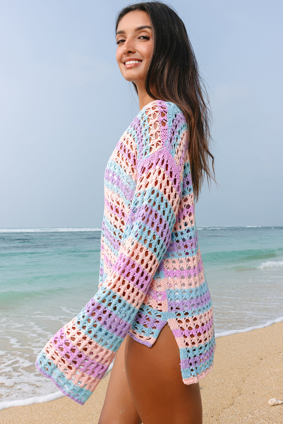 Stripe Open Knit Sweater Beach Cover Up Women UK