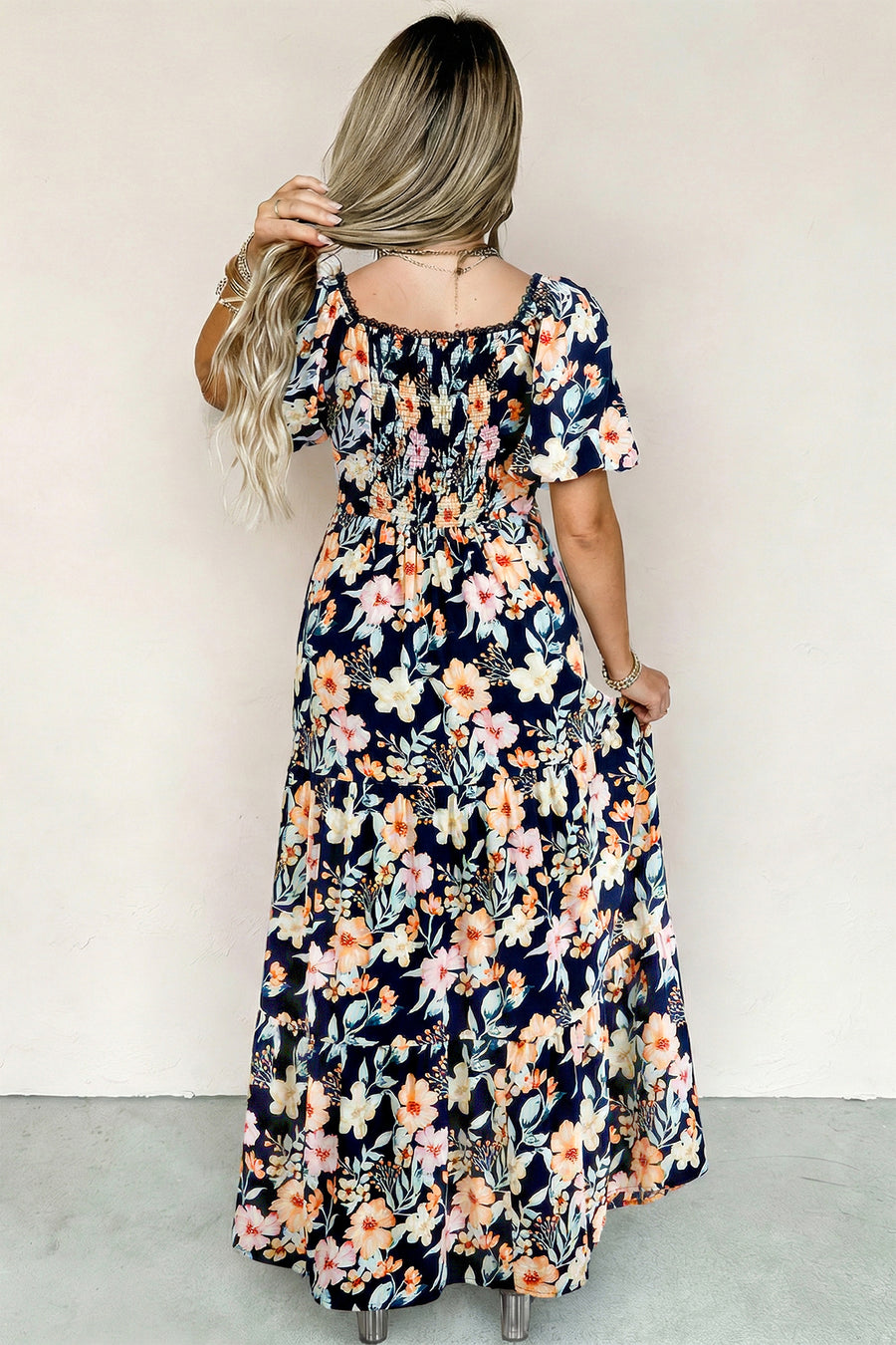 Blue Floral Short Sleeve Smocked High Waist Maxi Dress Women UK — side view