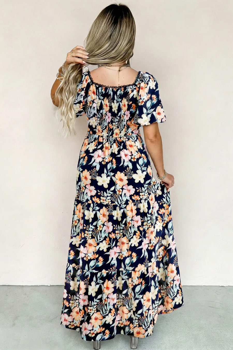 Blue Floral Short Sleeve Smocked High Waist Maxi Dress Women UK — side view