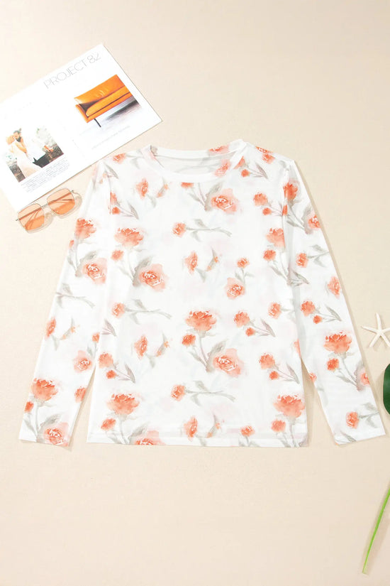 Plus size floral print sheer mesh long sleeve top round neck red blouses