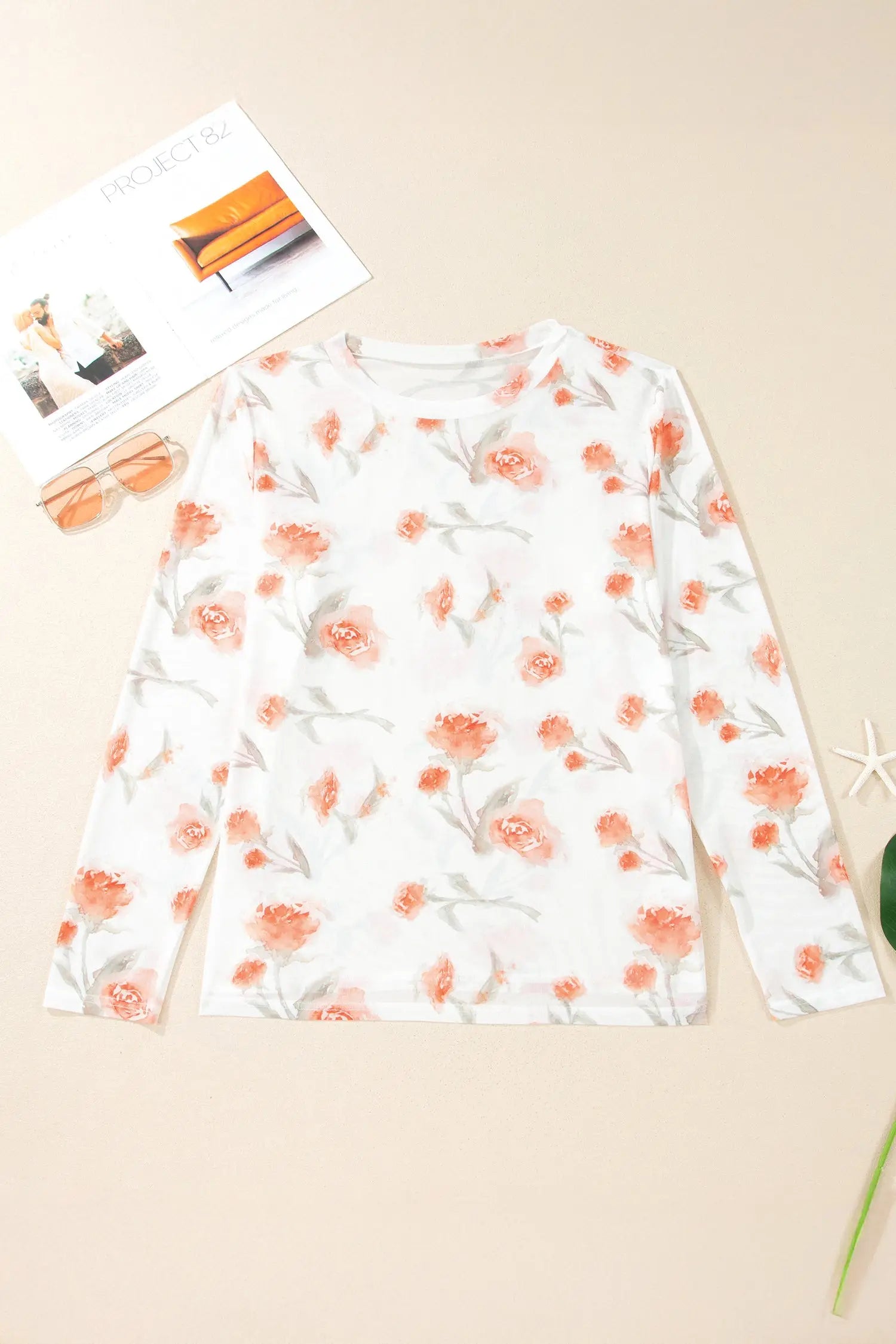 Plus size floral print sheer mesh long sleeve top round neck red blouses