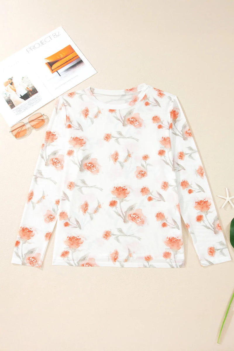 Plus size floral print sheer mesh long sleeve top round neck red blouses