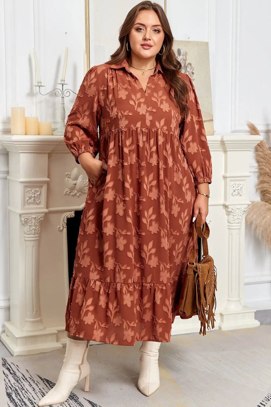 Cinnamon Plus Size 3D Flower Ruffle Hem 3/4 Sleeve Long Dress Women UK