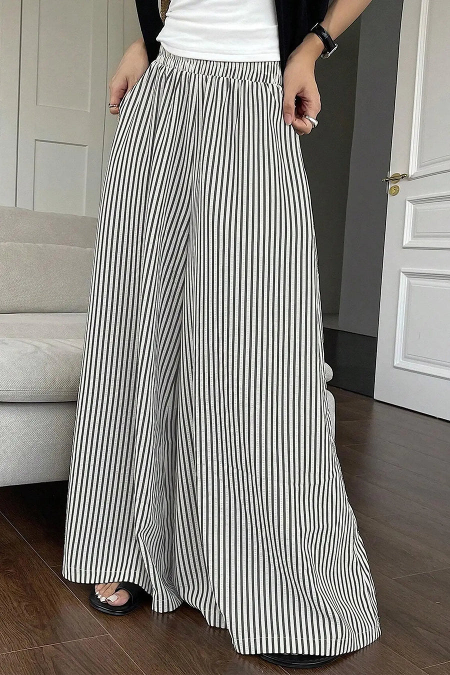 Black stripe elastic waist ultra wide leg pants