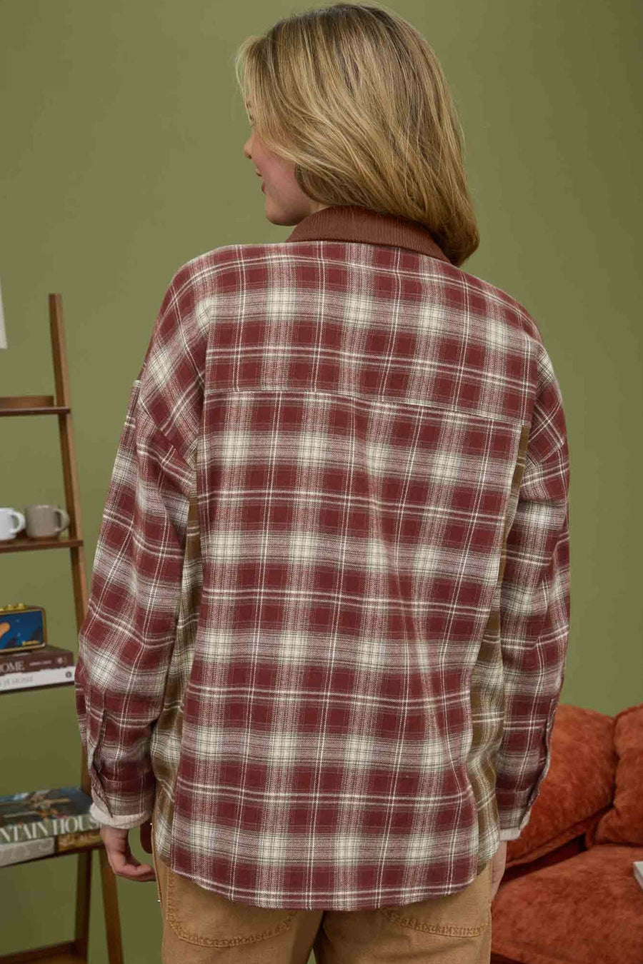 Contrast Plaid Long Sleeve Button Down Shirt