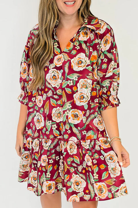 Red Floral Half Sleeve Mini Shift Dress Women UK