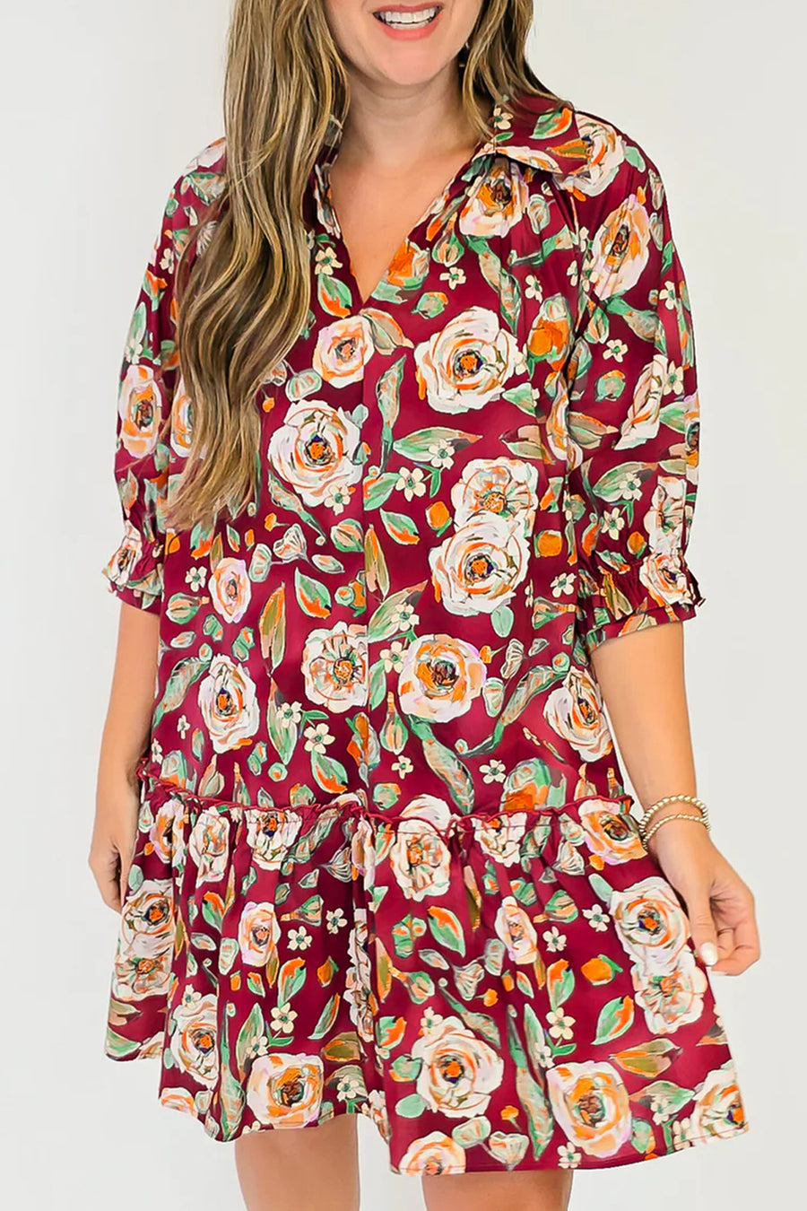 Red Floral Half Sleeve Mini Shift Dress Women UK