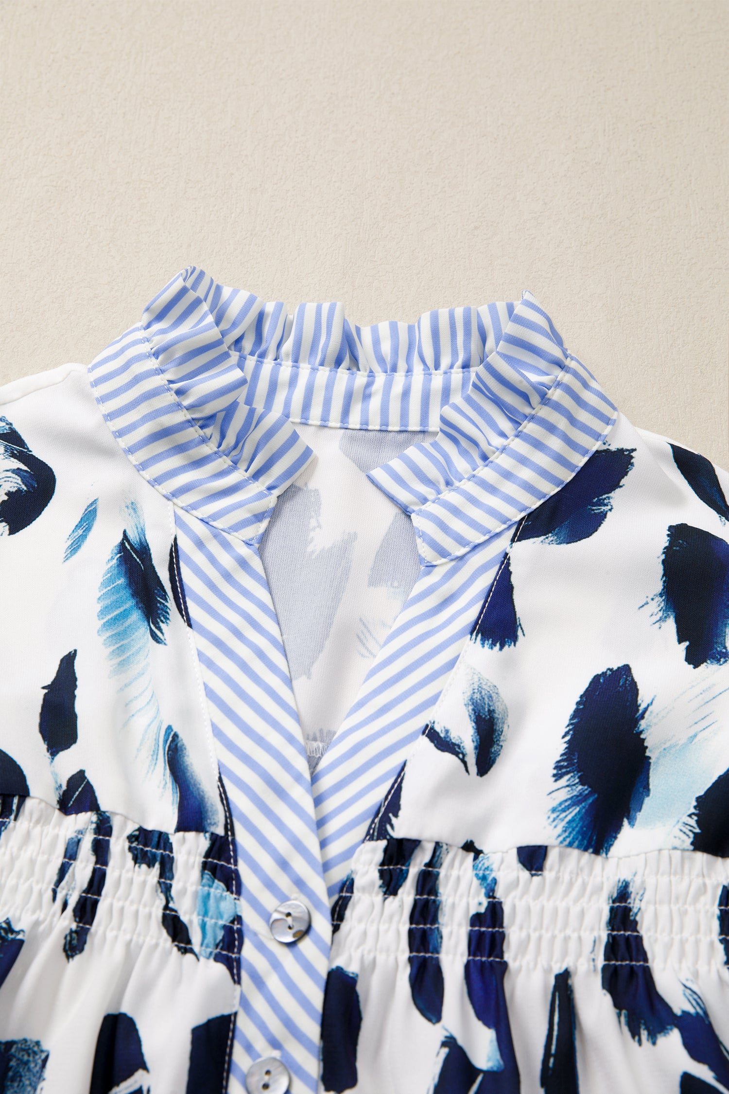 Abstract Print Striped Collar Ruffle Sleeve V-Neck Blouse