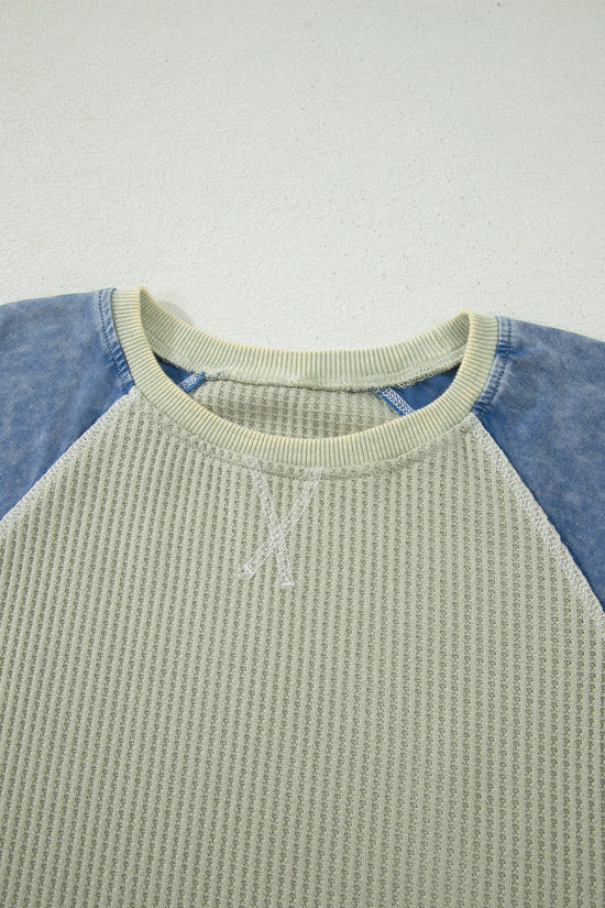 Waffle Knit Seam Detail Colour Block Patchwork Short Sleeve Top