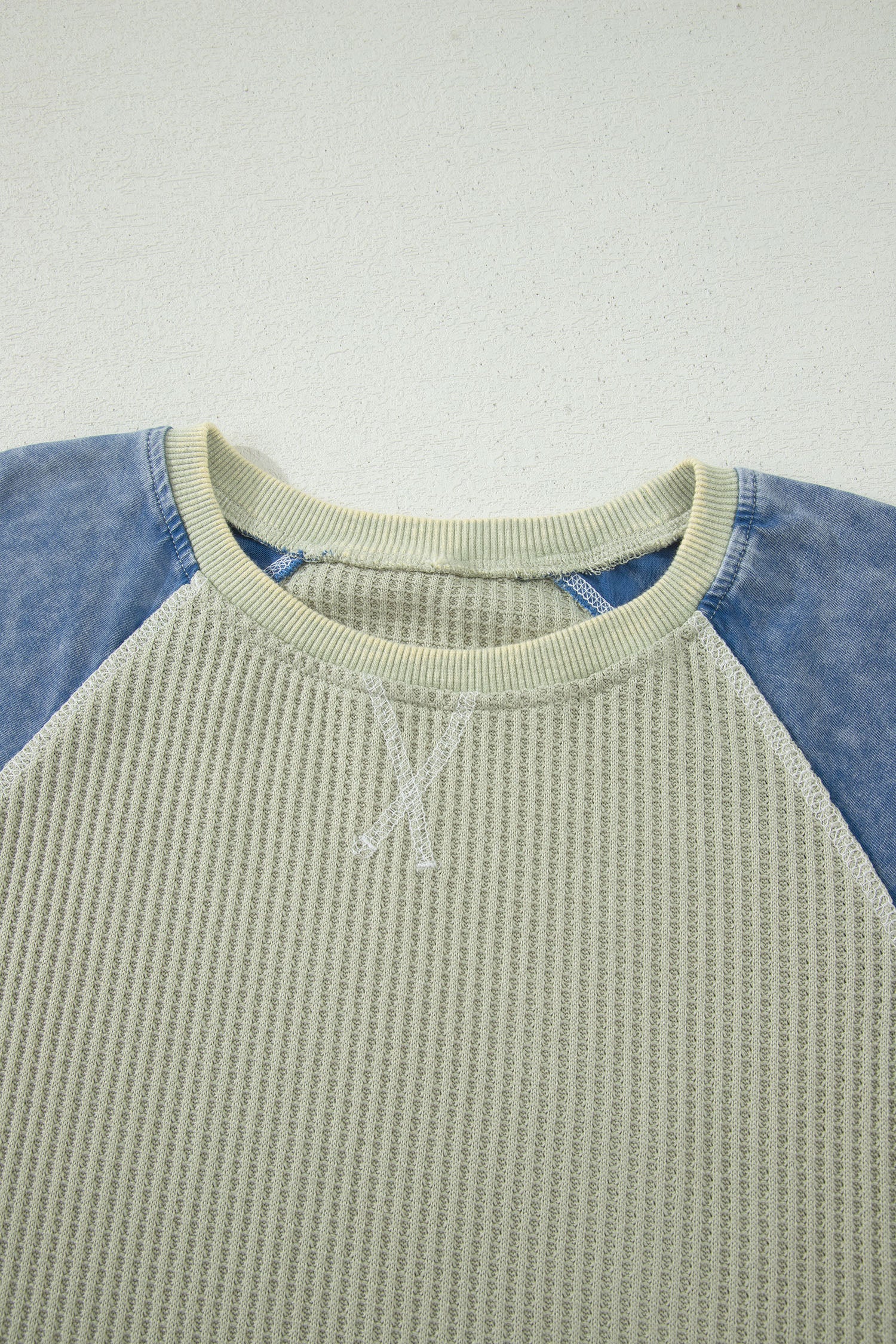 Waffle Knit Seam Detail Colour Block Patchwork Short Sleeve Top