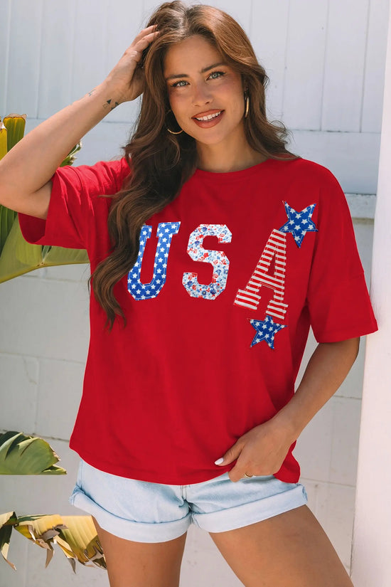 USA slogan embroidery T-shirt — side view, drop shoulder silhouette | Fashionfitz UK