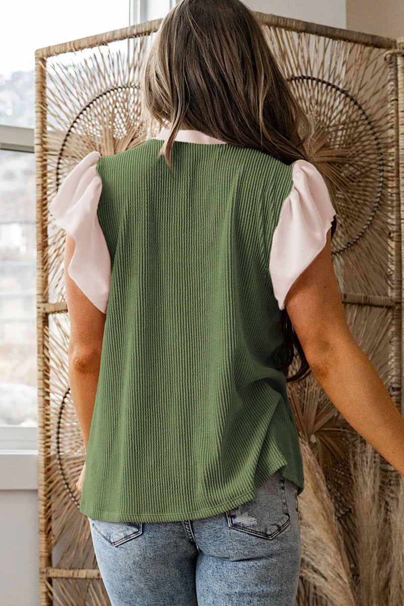 Back view of contrast frilled neckline ruffled plus size blouse