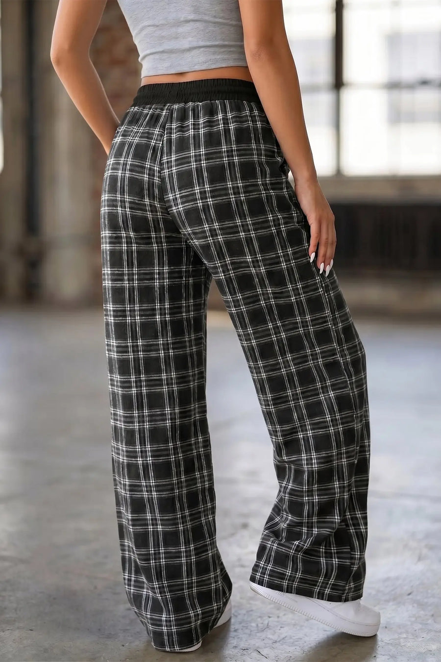Plaid Contrast Drawstring Waist Wide Leg Trousers — styled outfit look | Fashionfitz UK
