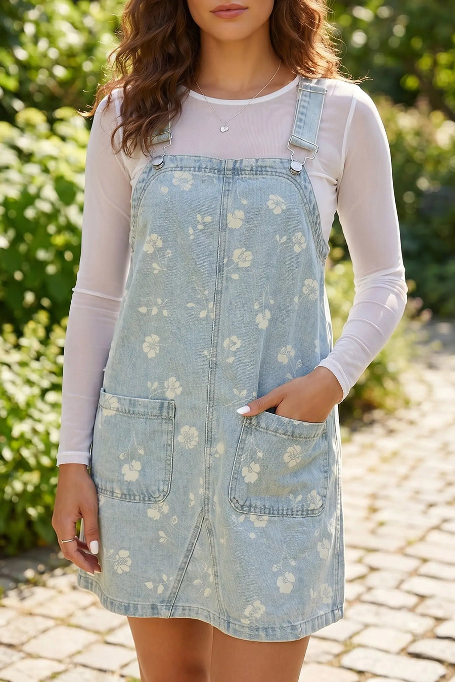Sky Blue Retro Wash Denim Floral Print Overall Mini Dress Women UK