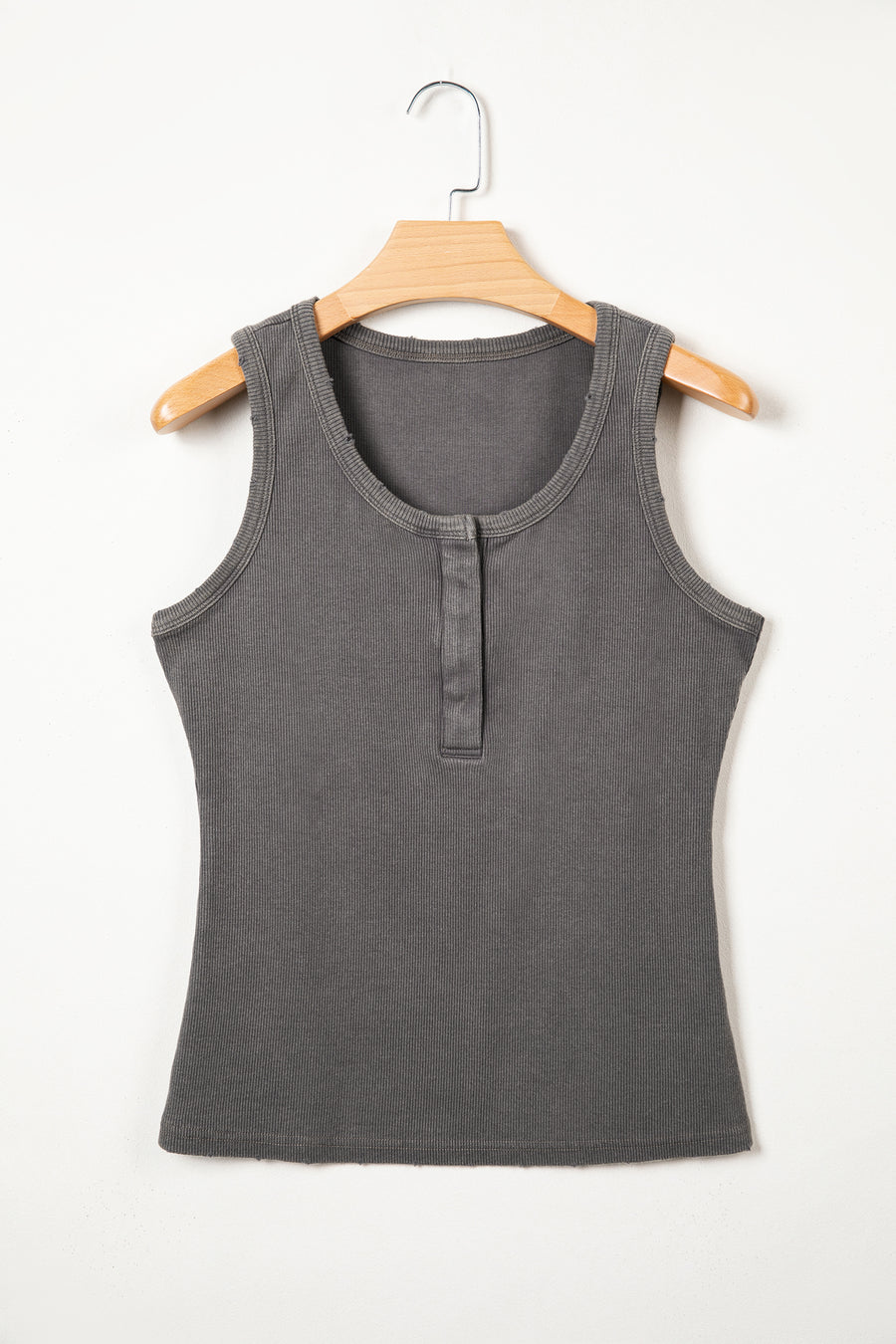 Vintage Distressed Ribbed Mineral Wash Button Neck Tank Top — angled third option | Fashionfitz UK
