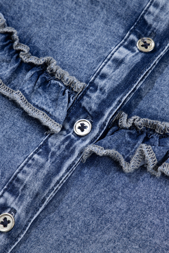 Ruffle Denim Shirt Women | Retro Blue Button Down Top
