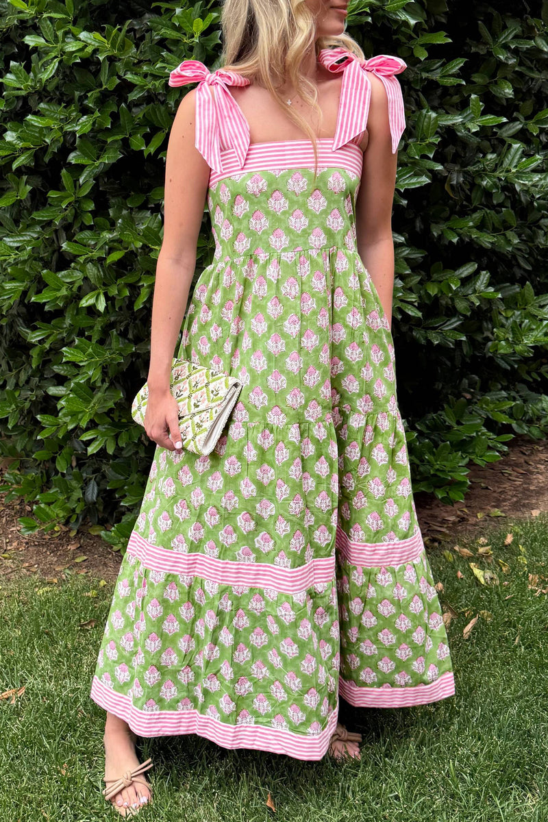Floral Striped Knot Strap Smocked Back Maxi Dress Women UK