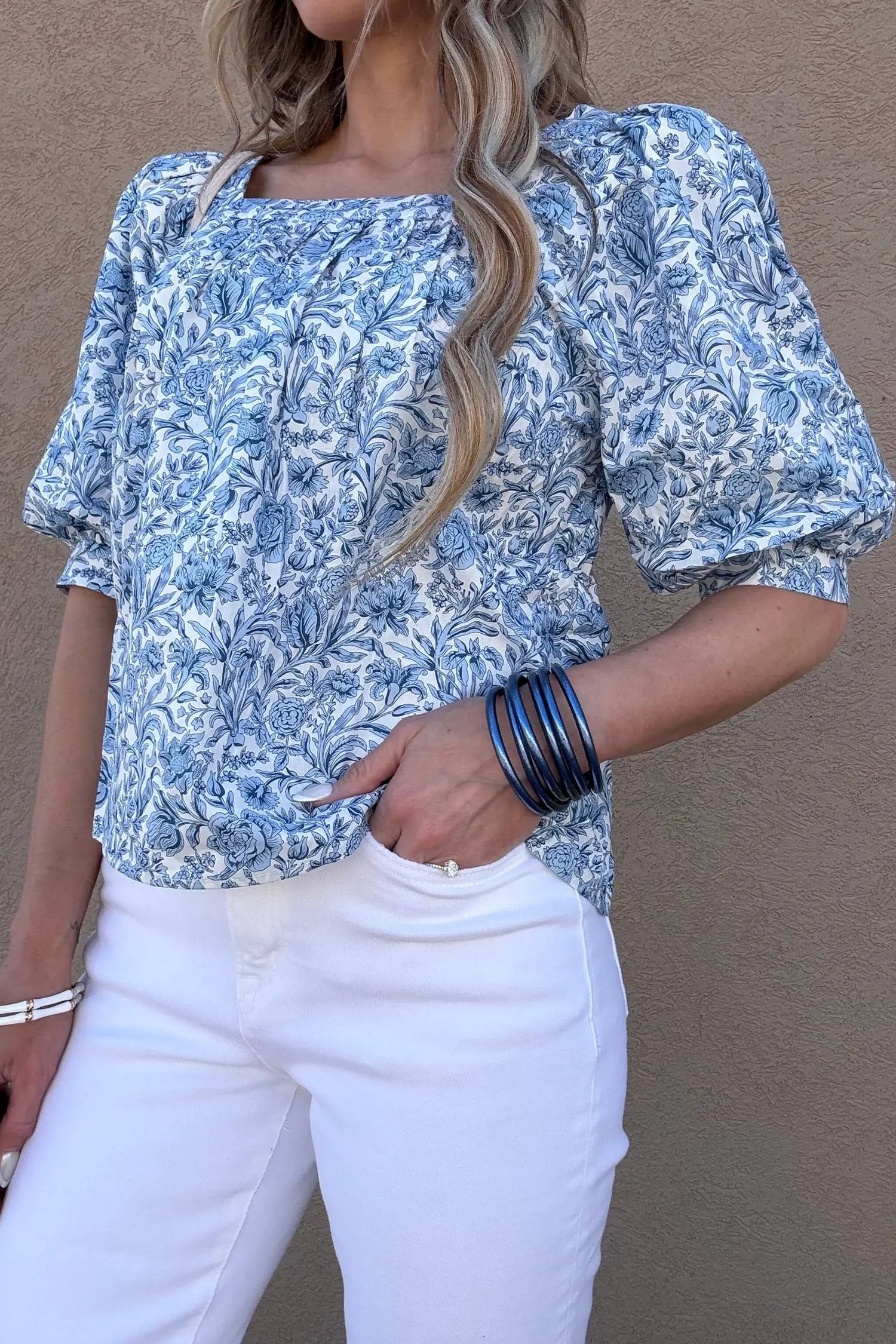 Sky blue square neck puff sleeve floral pleated blouse