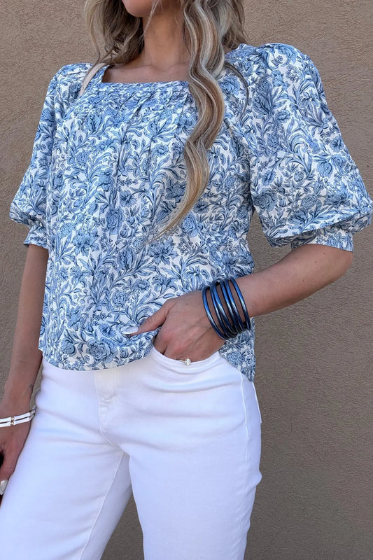 Sky blue square neck puff sleeve floral pleated blouse