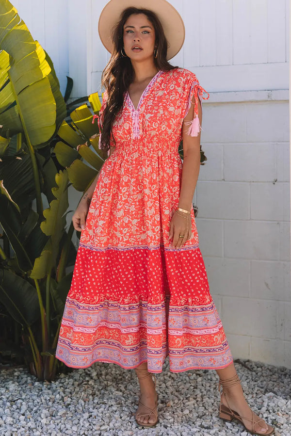 Red Floral Tasseled Tied Sleeve Empire Waist Maxi Dress Women UK