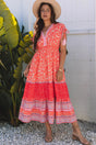 Red Floral Tasseled Tied Sleeve Empire Waist Maxi Dress Women UK