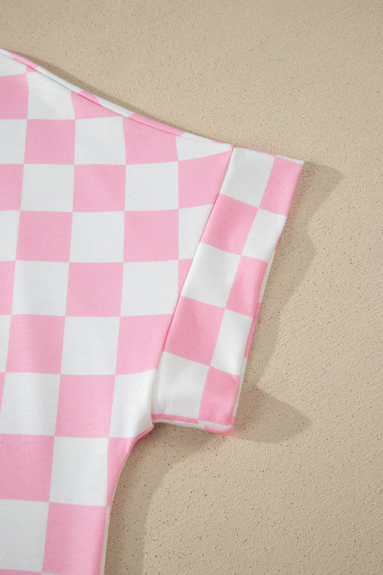 Checkered colour block trim mock neck short set outfit sets
