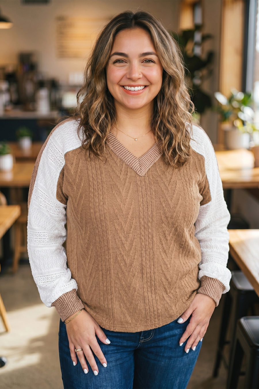 Plus size V neck lace sleeve blouse — back view