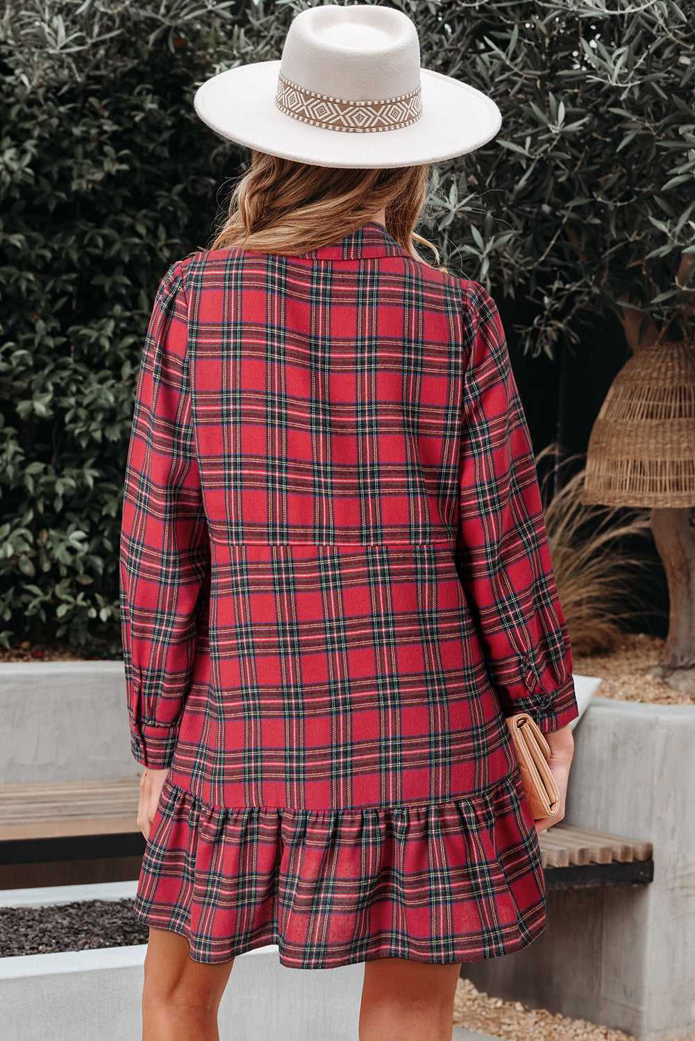 Casual red plaid shirtdress styled back-view
