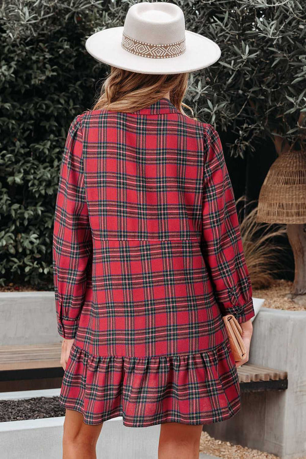 Casual red plaid shirtdress styled back-view