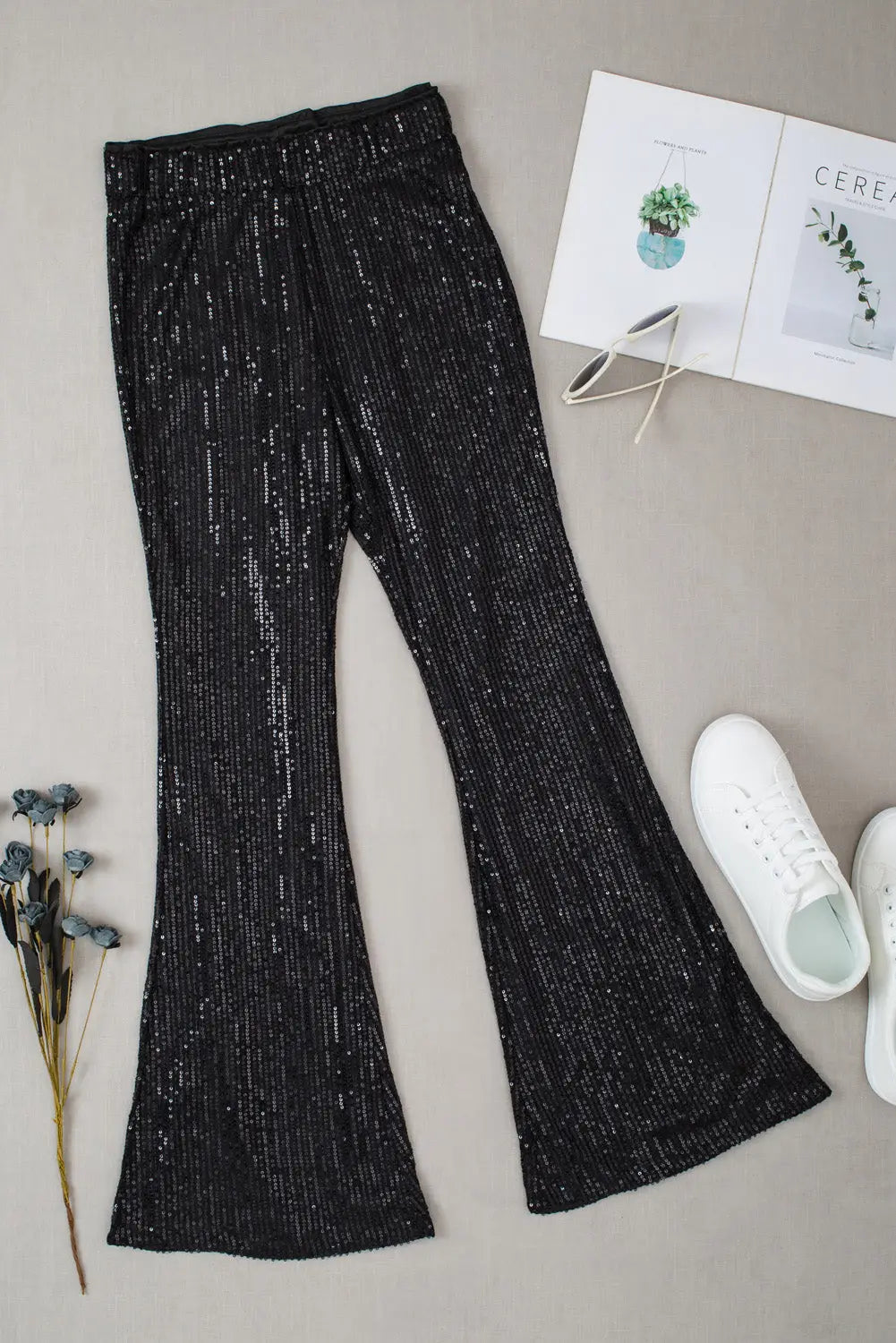 Black sequin wide leg pants