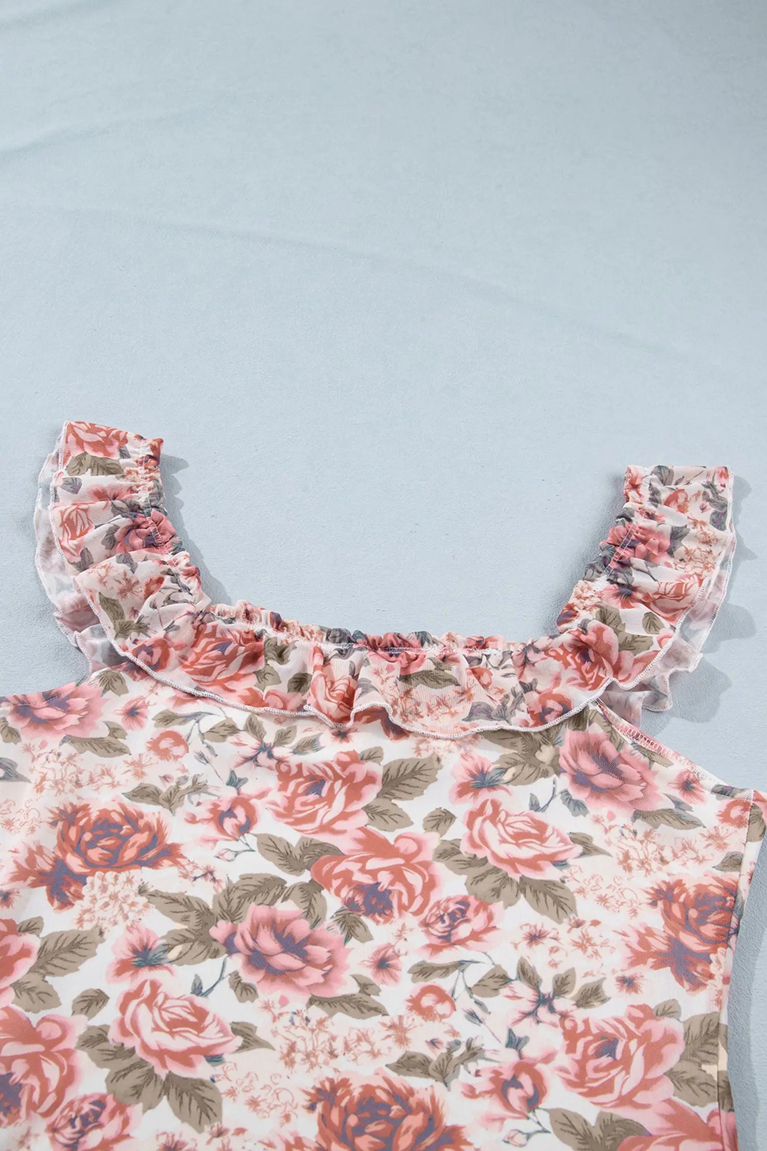 Fashionfitz multicolour floral ruffle square neck tank top UK S-XL, 95% polyester, fitted stretch, back view