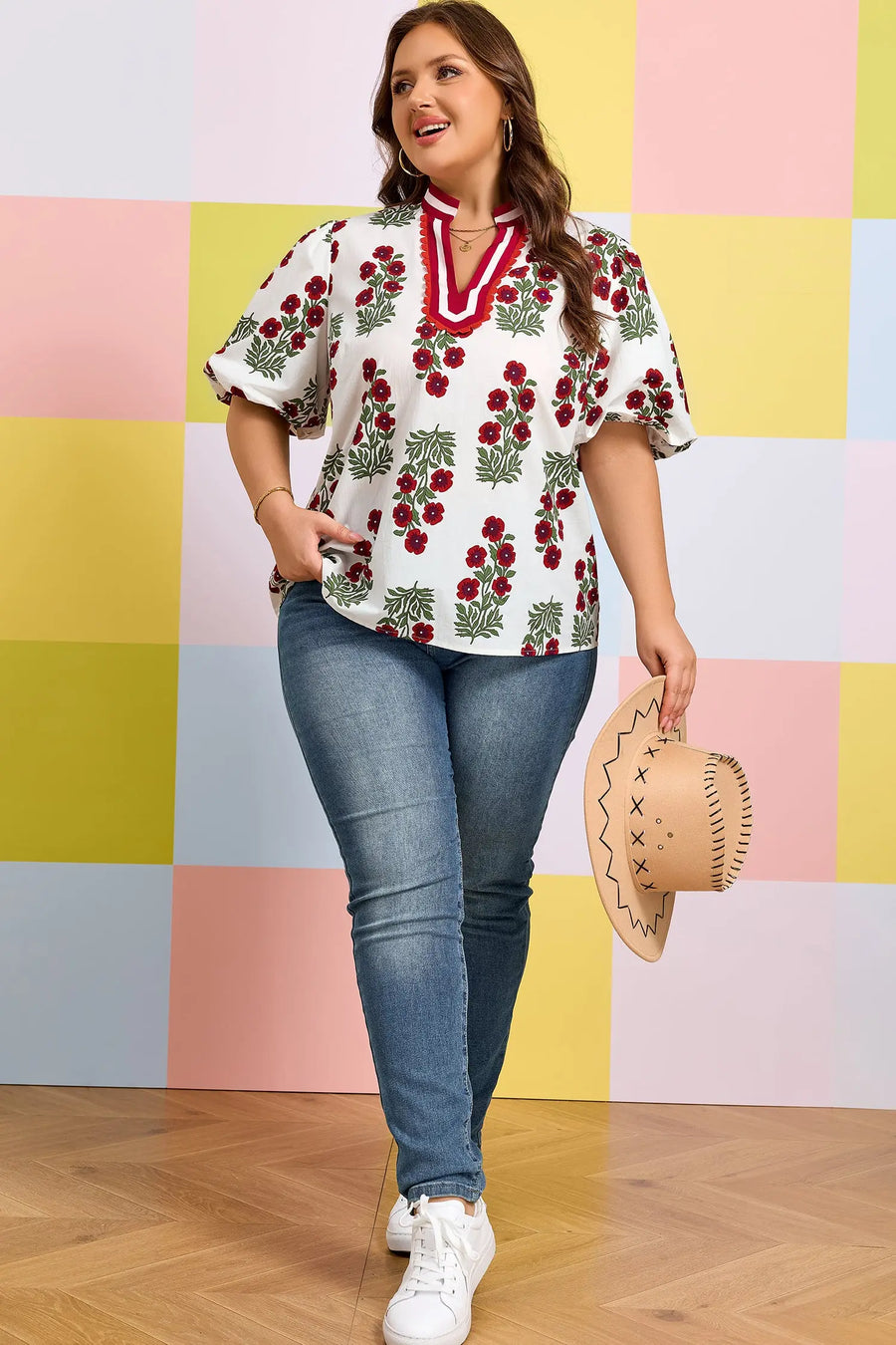 Plus size floral ricrac trim cotton blouse puff sleeve v neck colourblock blouses