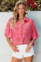 Rose Red Floral Loose Shirt - Fashionfitz