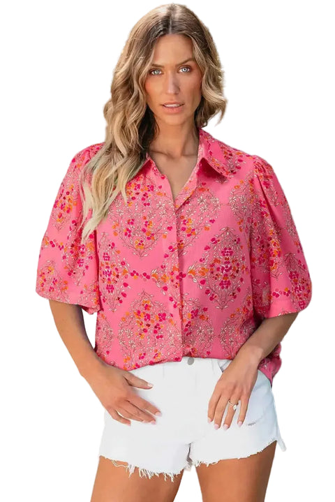 Rose Red Floral Loose Shirt - Fashionfitz