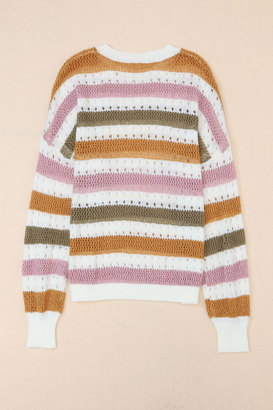 Knitted Loose Sweater - Striped Hollowed