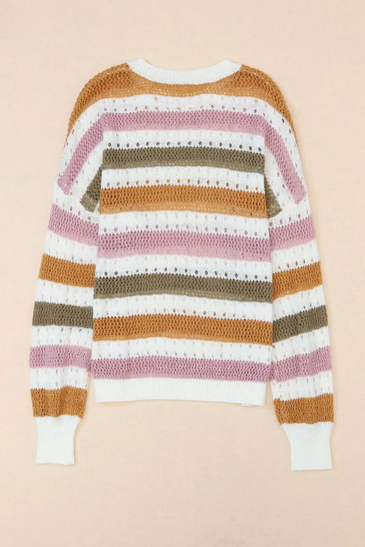 Chic multicolor striped hollow knit sweater | fashionfitz