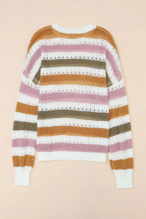 Striped hollowed openwork knit sweater back view — Fashionfitz UK