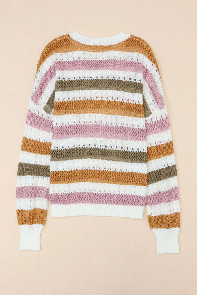 Chic multicolor striped hollow knit sweater | fashionfitz