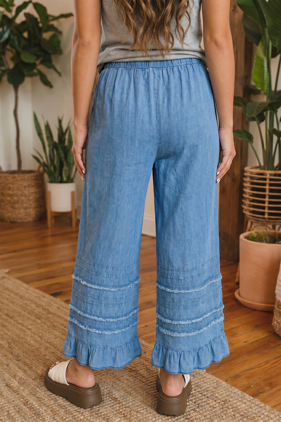 Ruffled Hem Wide Leg Chambray Pants Women UK