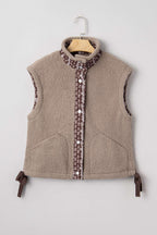 Flat lay of Women's Country Borg Fleece Gilet Winter Vest FashionFitz on hanger, featuring khaki sherpa fleece and floral button placket.