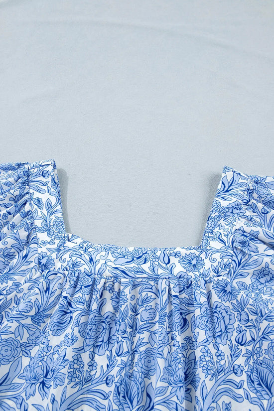 Sky blue square neck puff sleeve floral pleated blouse